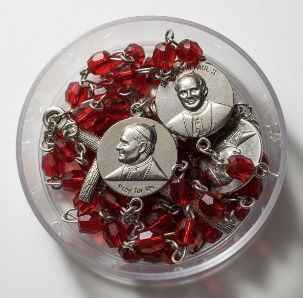 Vintage Pope John Paul II Medal Rosary Necklace Ruby Red Glass Bead Catholic NIB
